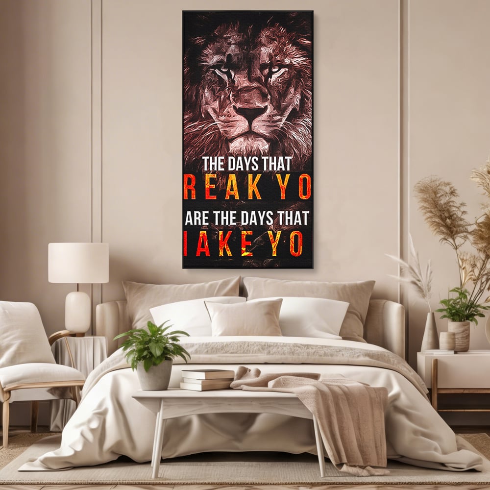 Tablou canvas cu tablou canvas cu leu si mesaj motivational, in rama de aluminiu negru, pe perete intr-un dormitor
